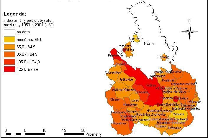 Obrázek: Index vývoje počtu obyvatel 2001/1950 Zdroj: Historický lexikon obcí České republiky 1869-2005, ČSÚ,