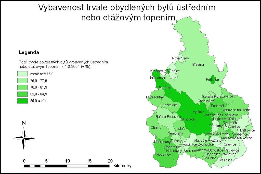 Obrázek: Podíl bytů s etážovým nebo ústředním topením na celkovém počtu trvale obydlených bytů (k 1. 3.