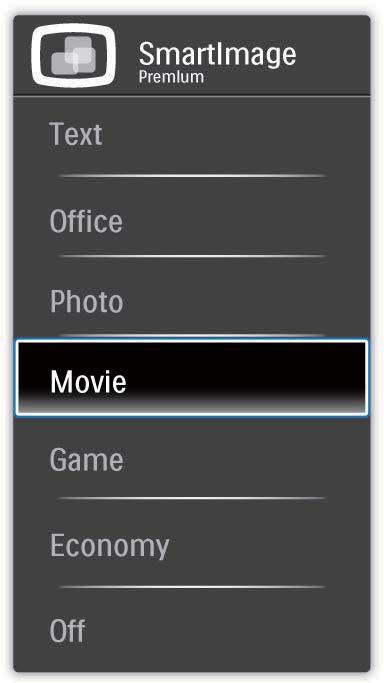 3. Optimalizace obrazu Vybrat lze sedm režimů: Text, Office (Kancelář), Photo (Fotografie), Movie (Film), Game (Hra), Economy (Úsporný) a Off (Vypnuto).