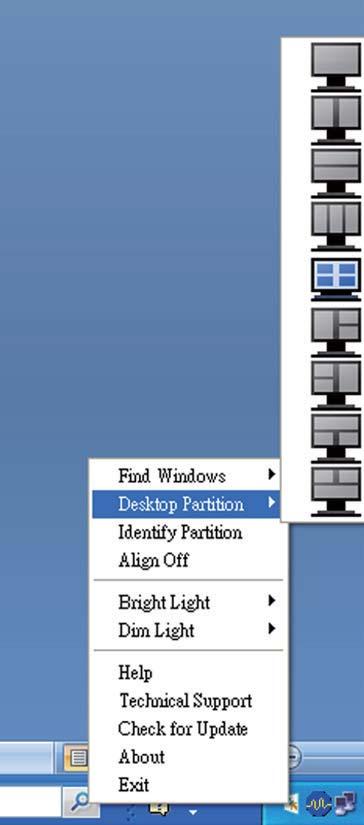 Klepnutí pravým tlačítkem myši na hlavní panel Hlavní panel obsahuje také většinu funkcí podporovaných v záhlaví (s výjimkou automatického odesílání okna do libovolného oddílu).