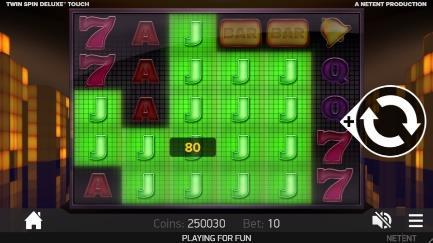 DESIGN HRY Motiv hry a grafické zpracování Twin Spin Deluxe Touch je hra plná života s různobarevnými symboly, LED tabulí v pozadí a neustále blikajícími neony ve stylu Las Vegas.