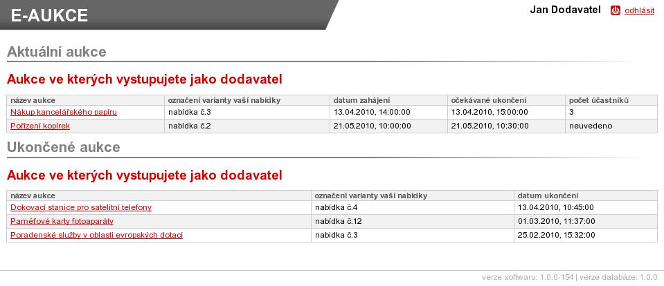 Obrázek 2: Nástěnka přehled elektronických aukcí uživatele Kliknutím na název aukce vstoupíte do aukční síně.