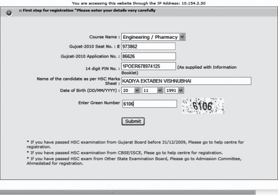 Fig. 3.2 Screen of New Registration Window b. Students who have passed HSC examination outside Gujarat are required to report for Online Registration at Admission Committee, Ahmedabad. çk.