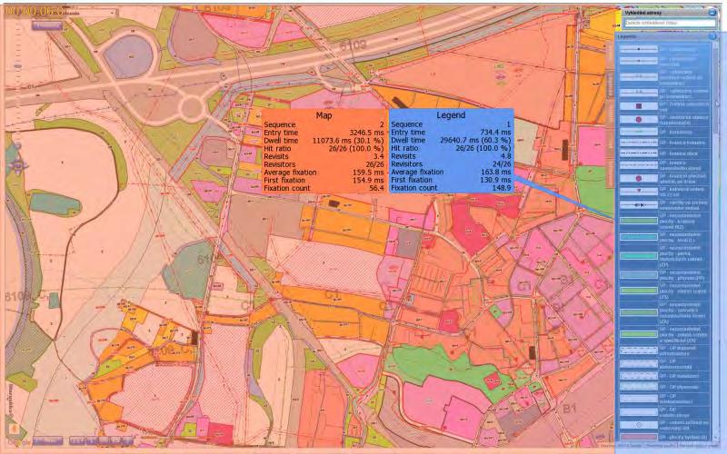 Rozdíl mezi mapou a legendou Nad každým stimulem byly vytvořeny dvě oblasti zájmu nad mapou a legendou Analyzován byl počet fixací zaznamenaný v těchto oblastech a také strávený čas