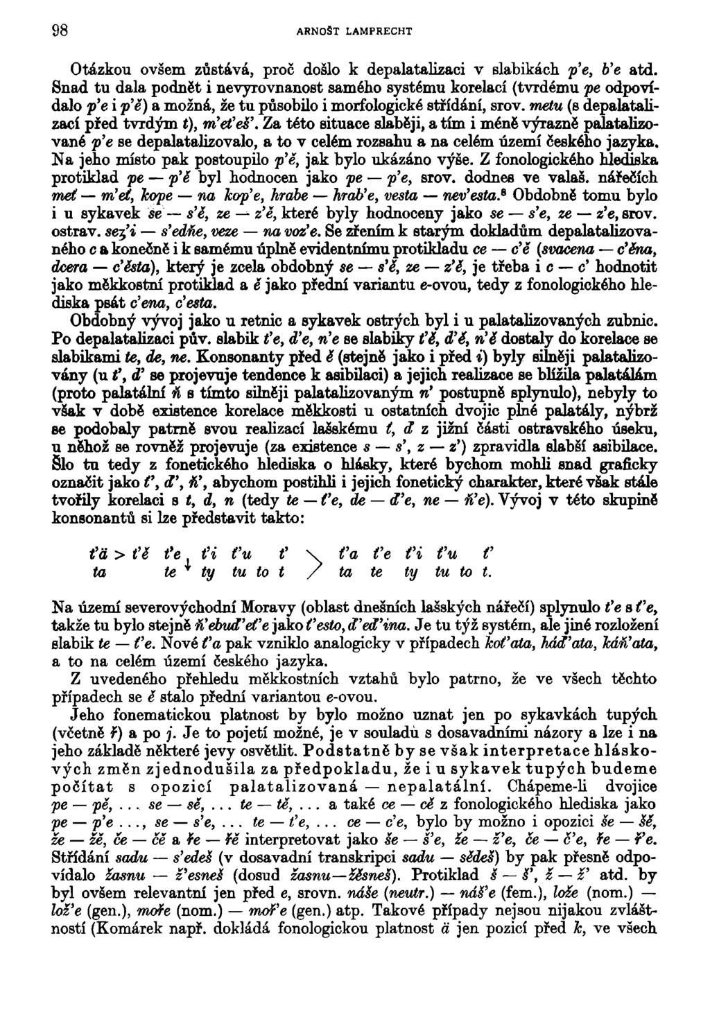 98 ARNOŠT LAMPRECHT Otázkou ovšem zůstává, proč došlo k depalatalizaci v slabikách p'e, b'e atd.