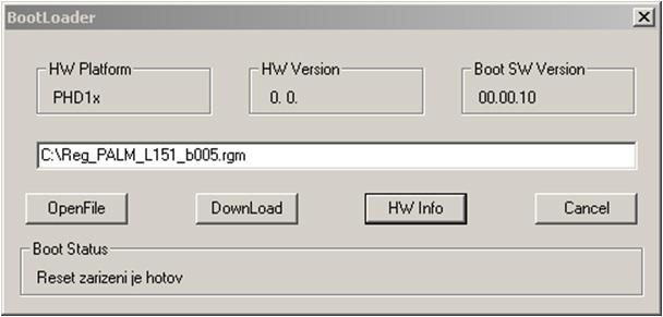 3.2 Obměna aplikační části FW: Po spuštění programu USBset se kliknutím na Nástroje - BootLoader otevře okno: Podmínkou pro práci s aplikací je vložení jumperu J6 (povolení zápisu konfiguračních