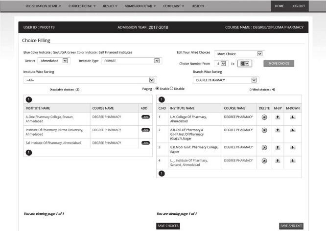 7. If the candidate wants to modify choices, he should click on Modify Choices button then he will be redirected to choice submission page (Ref. Fig. 3.9). 7.