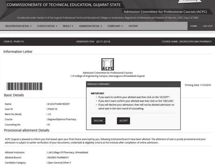 Fig. 3.15 Admission Confirmation in case of Zero Fee 3.6 PROCEDURE FOR CONFIRMATION OF ALLOTTED ADMISSION ({ u «ðuþlkkt CONFIRMATION {kxulke «r Þk) : 1.