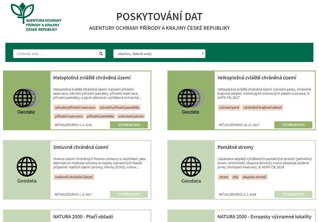 Poskytování geodat AOPK ČR Otevřená data ke stažení v SHP (CC BY 4.