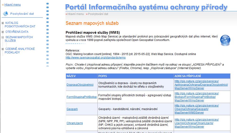 prohlížecí a stahovací služby (WMS a WFS) http://metadata.nature.