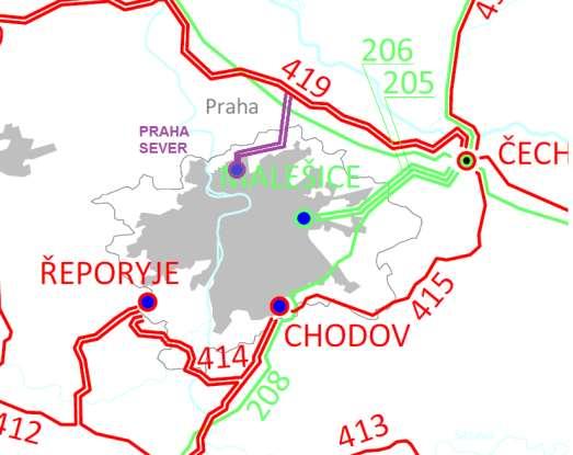 Přenosová soustava v Praze a okolí Vstupní rozvodny 400 kv Chodov Řeporyje Vstupní rozvodna 220 kv Malešice Připravuje se rozvodna Praha Sever (r.