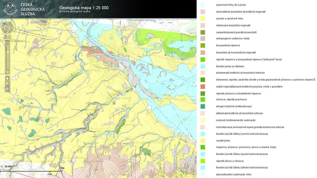 Obr. 2.: Geologická mapa dotčené oblasti Kolínska, upraveno (zdroj: http://mapy.geology.cz/geocr_25/ ).