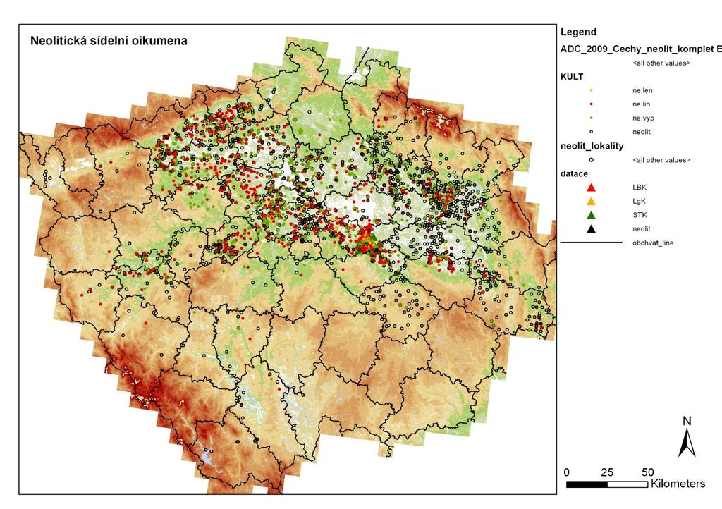 Obr. 4.: Neolitická sídelní oikumena na základě vymapování údajů z Archeologické databáze Čech (ADČ 20