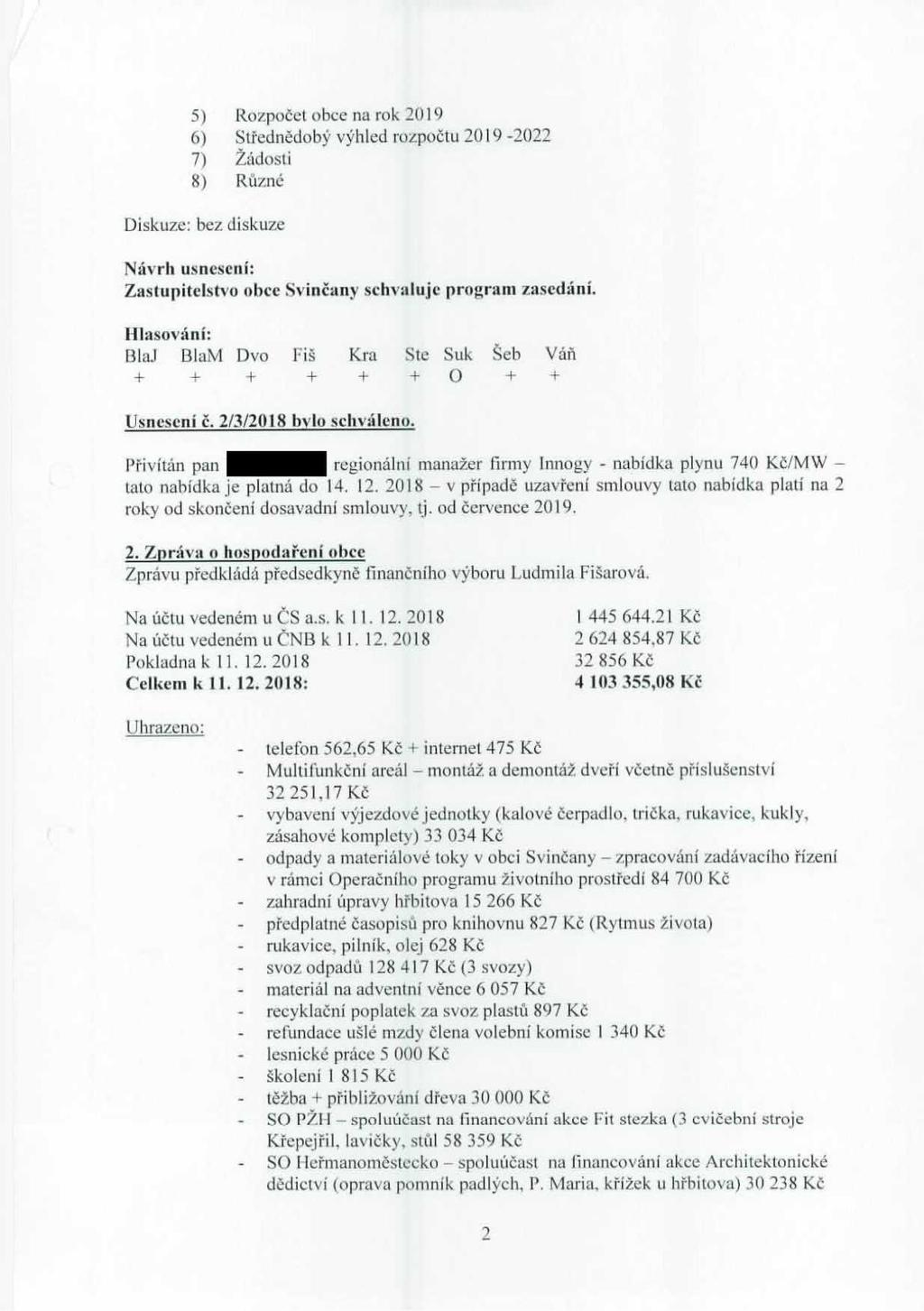 5) Rozpočet obce na rok 2019 6) Střednědobý výhled rozpočtu 2019-2022 7) Žádosti 8) Různé Zastupitelstvo obce Svinčany schvaluje program zasedání, + + + + + + O + + Usnesení č.