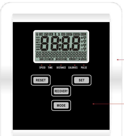 OVLÁDACÍ PANEL TLAČÍTKA MODE SET RESET RECOVERY Tlačítko sloužící ke vstupu do režimu nastavení parametrů: TIME (čas), DISTANCE (vzdálenost), CALORIES (kalorie) a PULSE (tepová frekvence).