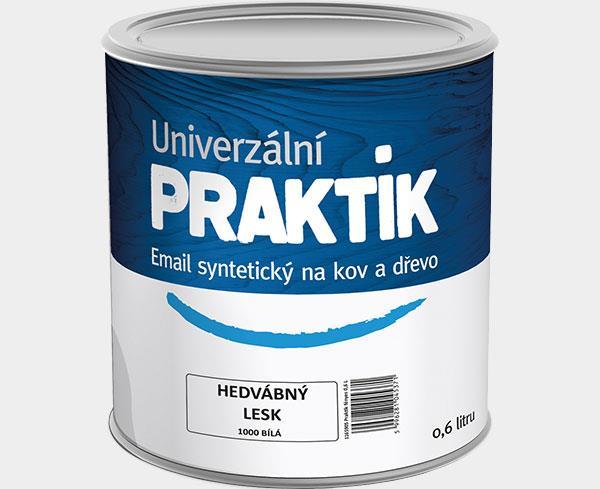 PRAKTIK UNIVERZÁLNÍ EMAIL SYNTETICKÝ 0,6 litru od 158,- PRAKTIK Univerzální email syntetický na kov a dřevo je vrchní nátěrová hmota na bázi modifikované alkydové pryskyřice určená k vrchním nátěrům