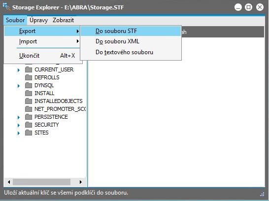 Spustíme nástroj StorExpl.exe z instalačního adresáře ABRA, zadáme heslo (pokud je nastaveno) a zvolíme exportovat do souboru STF.