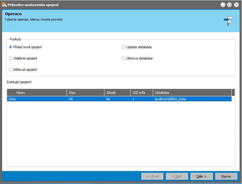 V našem případě spojení Data využívá databázi ABRA_Data umístěnou na MS SQL serveru localhost. Informace o jednotlivých spojeních lze získat i pomocí příkazového řádku a nástroje DBAdminCmd.exe.