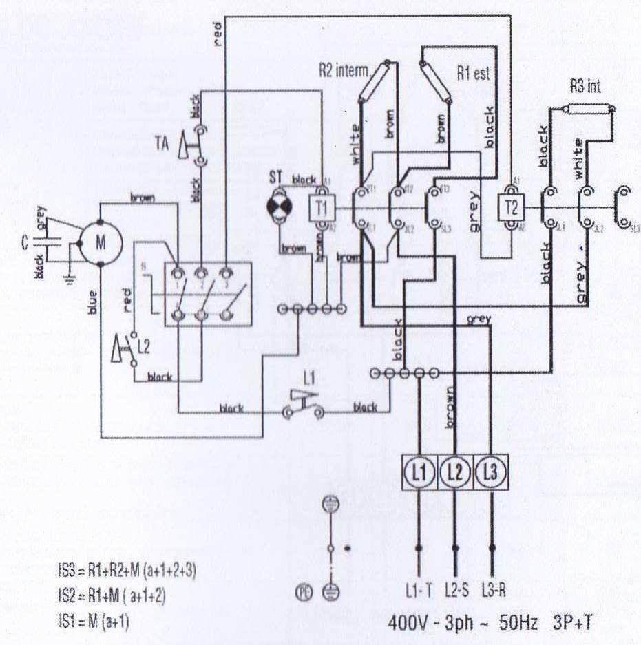 Elektrické schéma zapojení, SK 88C : M- motor ventilátoru R1/R2/R3- topné těleso IS- hlavní vypínač L1- bezpečnostní