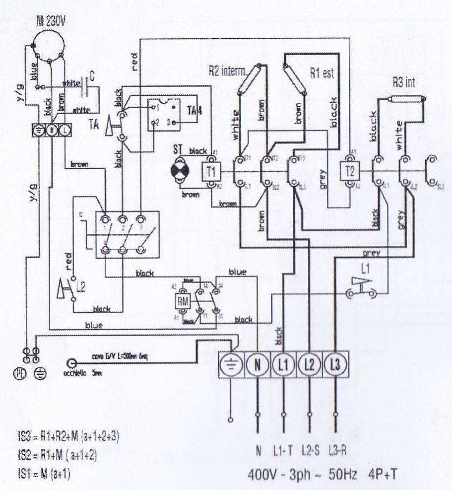 Elektrické schéma zapojení, SK 120C : M- motor ventilátoru R1/R2/R3- topné těleso IS- hlavní vypínač L1- bezpečnostní