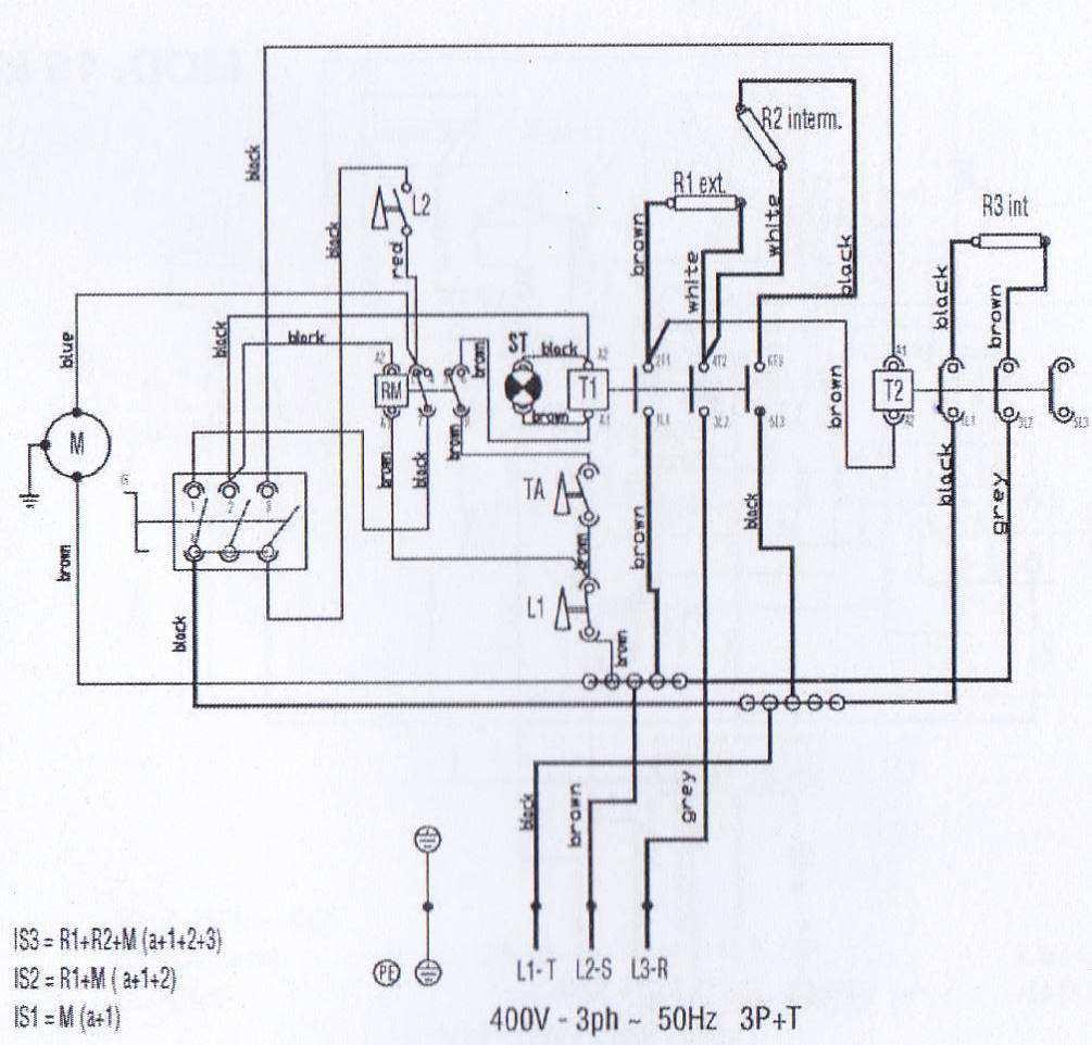 Elektrické schéma zapojení, SK 40C: M- motor ventilátoru R1/R2/R3- topné těleso IS- hlavní vypínač L1- bezpečnostní termostat