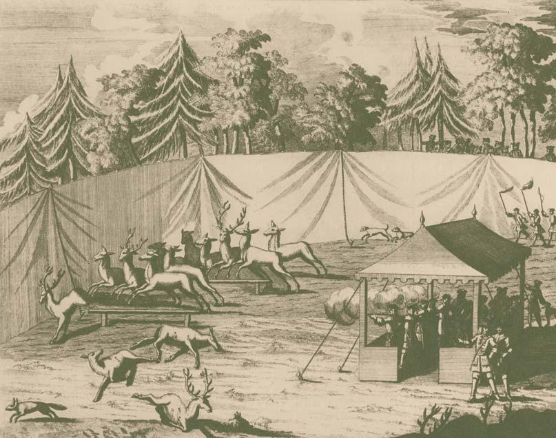 Lov vysoké zvûfie uzavfiené v plachtách (H. V. Fleming, Der vollkommene deutsche Jäger, 1719).