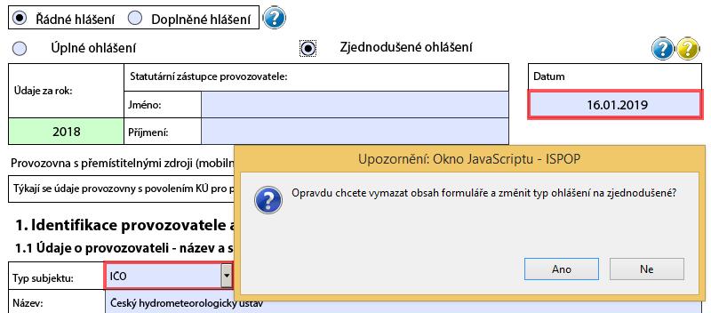 Příklad vyplnění formuláře F_OVZ_SPE Na první straně formuláře F_OVZ_SPE má ohlašovatel možnost zvolit mezi úplným nebo zjednodušeným hlášením.