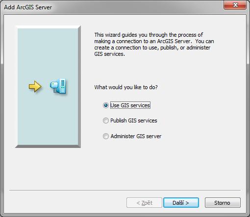 Obr. 36: Dialogové okno Add ArcGIS Server Následně je opět nezbytné nastavit URL adresu serveru. Opět využijeme serveru Národního geoportálu INSPIRE (viz Obr. 37).