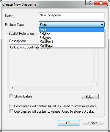 Nejdříve je nutné zvolit místo uložení nové vrstvy pomocí nabídky Folder Connections. Následně na tuto složku stačí kliknout pravým tlačítkem myši a zvolit nabídku New. Zde zvolit možnost Shapefile.