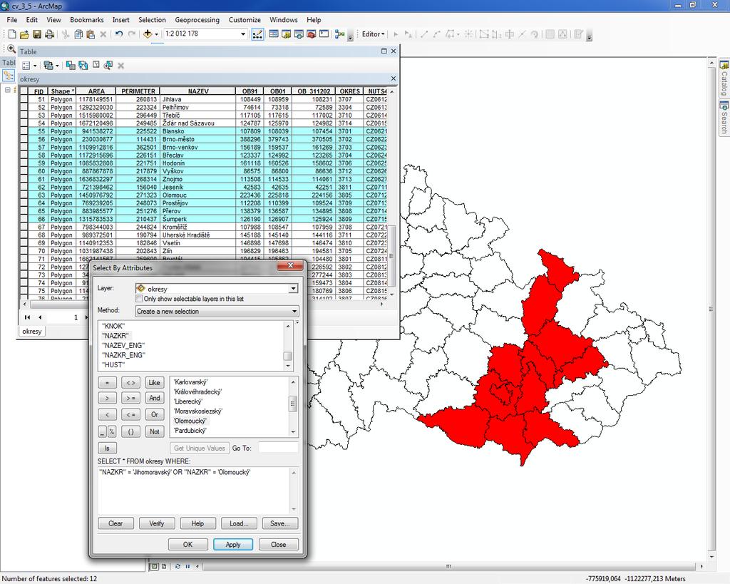 např. výběr všech obcí, které leží v Olomouckém kraji, mimo ty obce, které leží v okrese Jeseník. Operátor LIKE umožňuje výběr dat, když není známý přesný název.