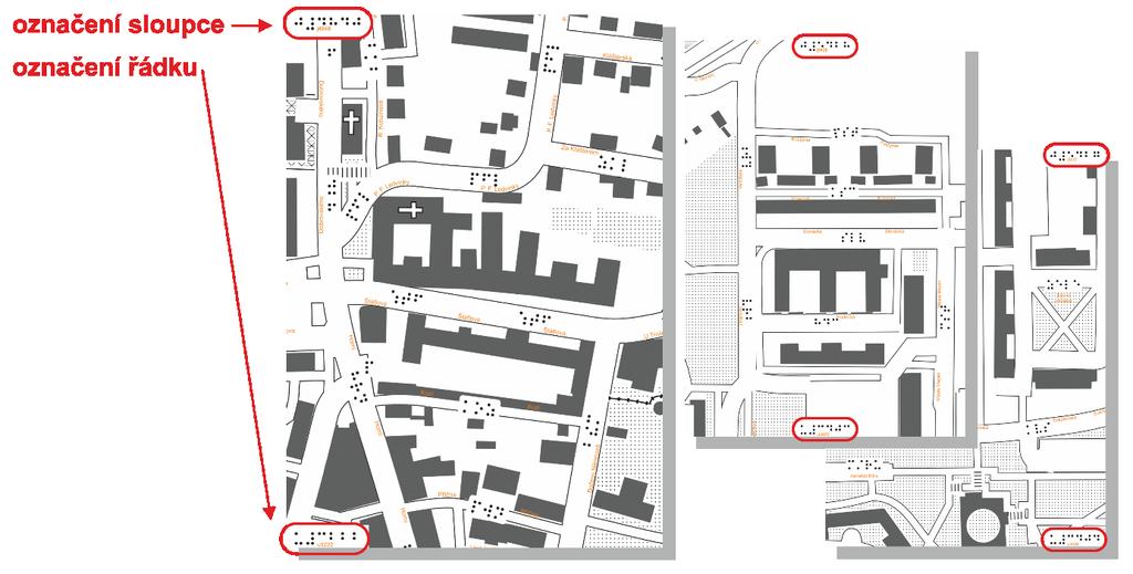 Obr. 4: Klad mapových listů Haptických map zobrazených na mapě Světa. Zobrazené souřadnice tvoří první znaky identifikátorů mapových listů ve všech měřítkách.