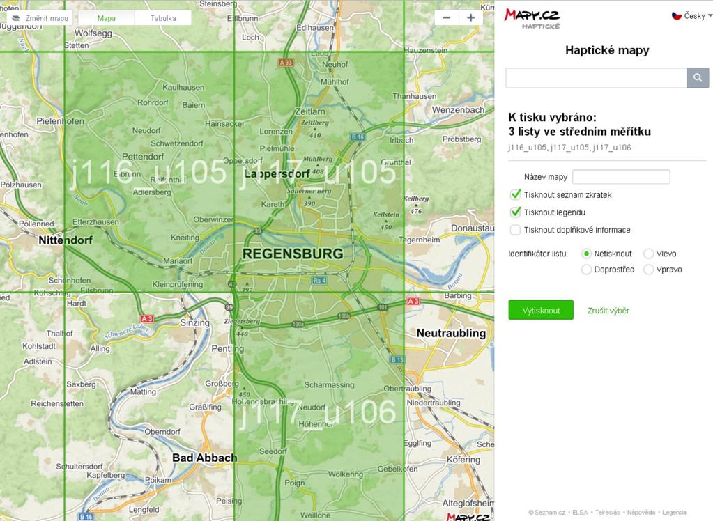 Obr. 6: Ukázka webového rozhraní pro přípravu tisku Haptické mapy. 5. Tisk mapy K tisku jednotlivých mapových listů použijeme barevnou laserovou tiskárnu.