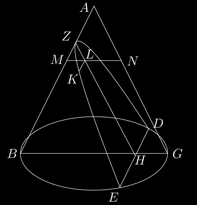 Názvy kuželoseček Parabola dle Apollónia (200 př Kr) z Eukleidovy věty o výšce: KL 2 = ML LN rovnoběžnost ZML ZBH LN = HG tj: poměr BH je konstantní ZH