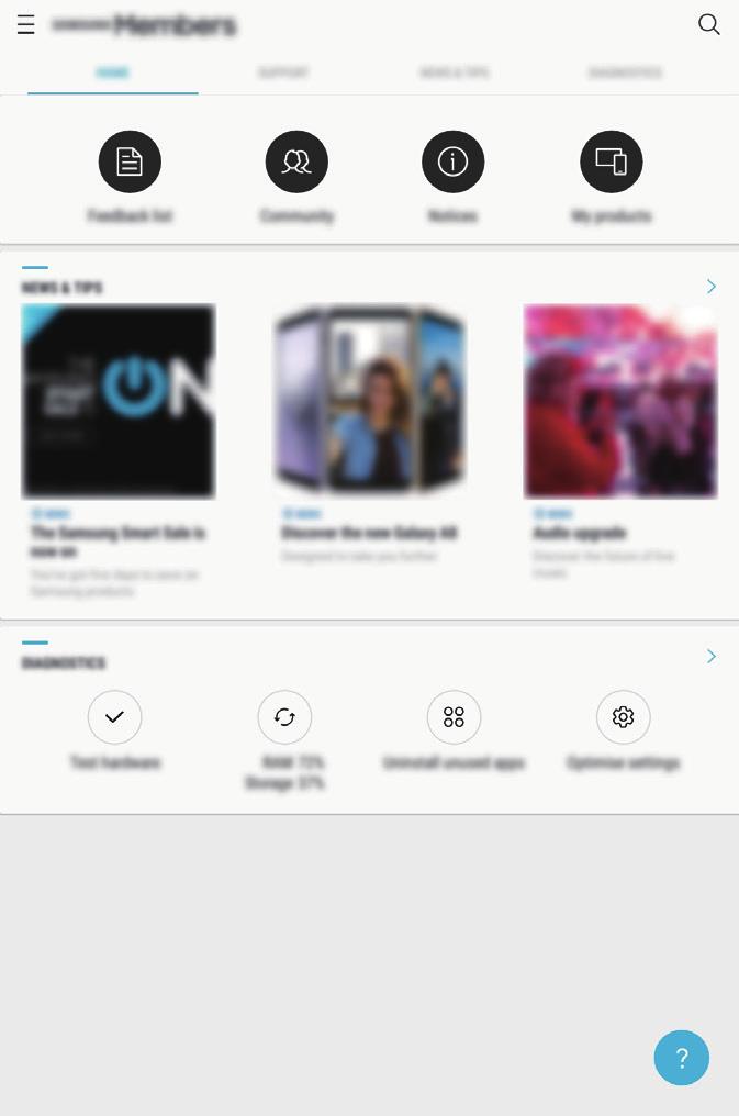 Aplikace a funkce Samsung Members Aplikace Samsung Members nabízí zákazníkům služby podpory, jako je například diagnostika problému se zařízením, a umožňuje uživatelům odesílat dotazy a hlášení o