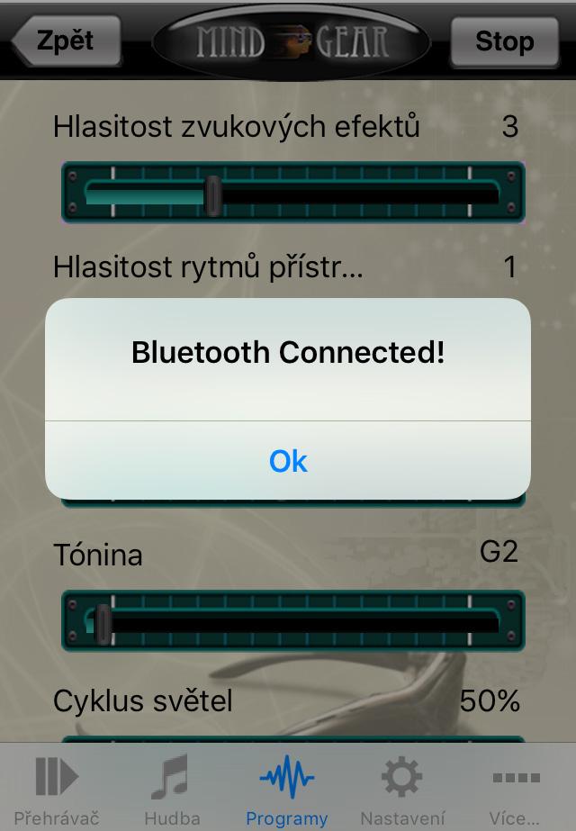 Zapněte bluetooth, spárujte sluchátka při použít bezdrátu, zapněte brýle a potvrďte Bluetooth Connected! - zvolte OK.
