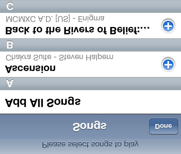 Máte možnost si k programu spustit příslušnou skladbu z Vašeho iphone (tlačítko Vaše hudba v přehrávači) nebo speciální zvukové efekty z naší nabídky (Zvukové efekty), nebo můžete zvolit dokonce