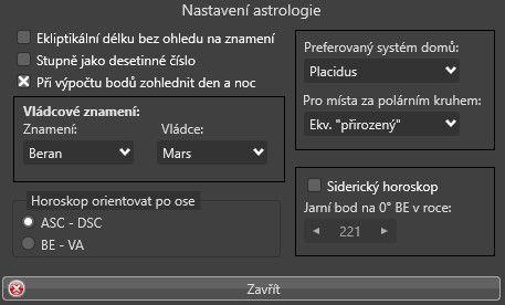 Nastavení astrologie Ekliptikální délku bez ohledu na znamení: Pokud zaškrtnete, bude poloha (délka) objektů uvedena ve stupních (od 0º do 360º) bez rozlišení znamení.