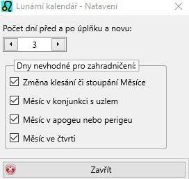 Pokud chcete zadat, že činnost je vhodné provádět po celou dobu, kdy Měsíc dorůstá, zatrhněte přepínače Po novu, Když dorůstá a Před úplňkem, čímž zahrnete celé období mezi novem a úplňkem.