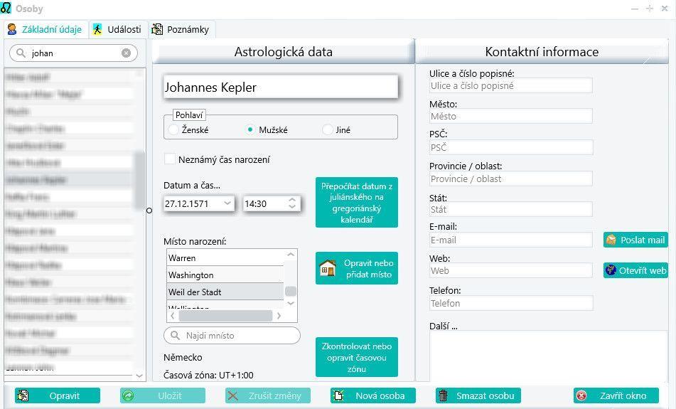 Databáze osob Jak už jsme se zmínili v předchozí kapitole, novou osobu lze do programu velice rychle a snadno uložit tak, že v nativním horoskopu u libovolné osoby na pravém panelu změníte údaje