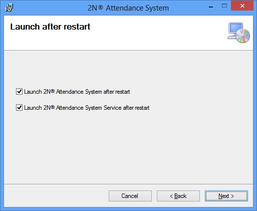 Obrázek: Nastavení automatického spouštění aplikace po startu systému Obrazovka obsahuje dva checkboxy: Launch 2N Attendance System after restart Nastavuje automatické spuštění výchozího webového
