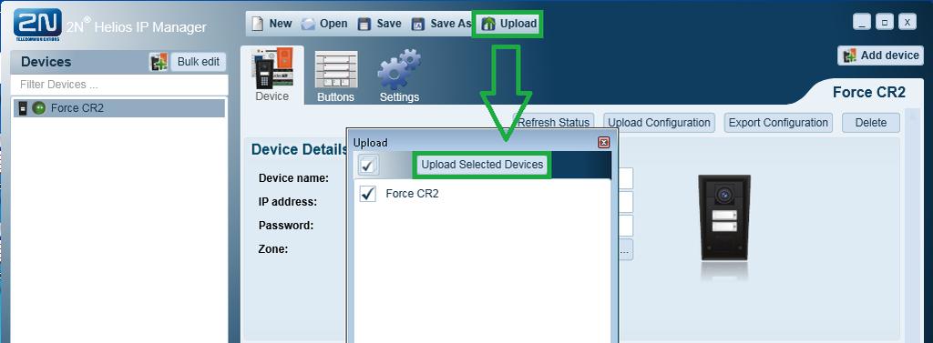 Obrázek: Upload konfigurace do zařízení Dále je třeba vyexportovat data do databáze, což se provádí na kartě Settings (nastavení), kliknutím na tlačítko Export data to