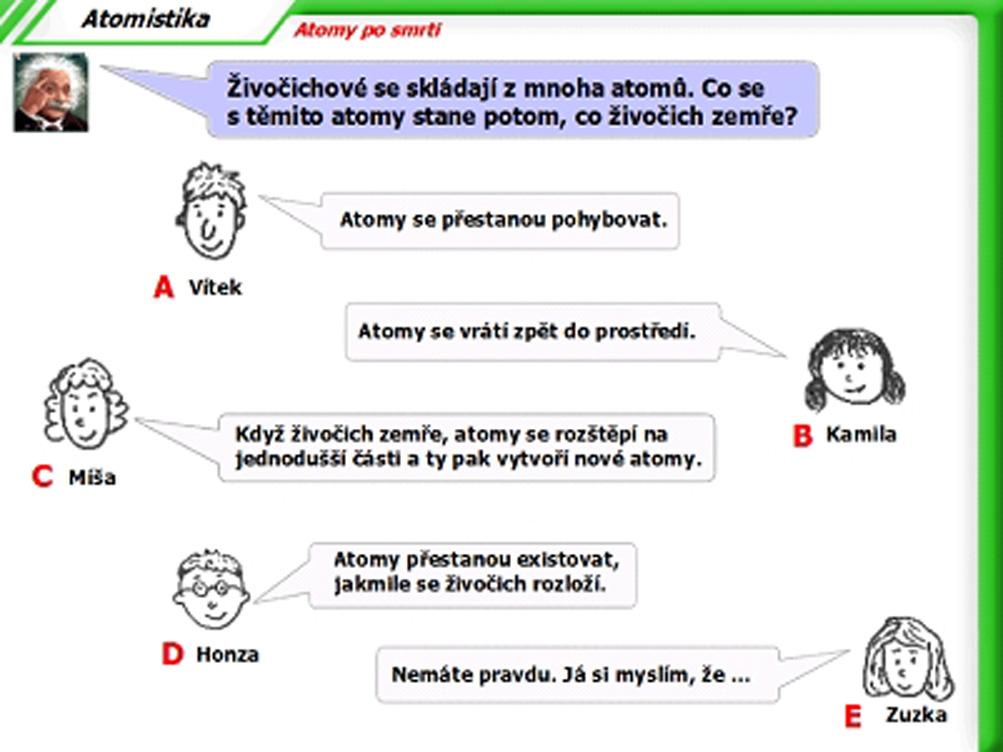 10 Eva Hejnová Jak jsme představy žáků o atomech zjišťovali? Představy žáků jsme zjišťovali pomocí testu, který byl sestaven ze 14 úloh zaměřených na nejčastější miskoncepce v oblasti atomistiky.