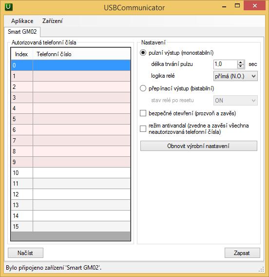 Rozhraní programu USBCommunicator je v případě modulu GM02 rozděleno na dvě části: Autorizovaná telefonní čísla V levé části okna programu USBCommunicator je umístěn seznam autorizovaných telefonních
