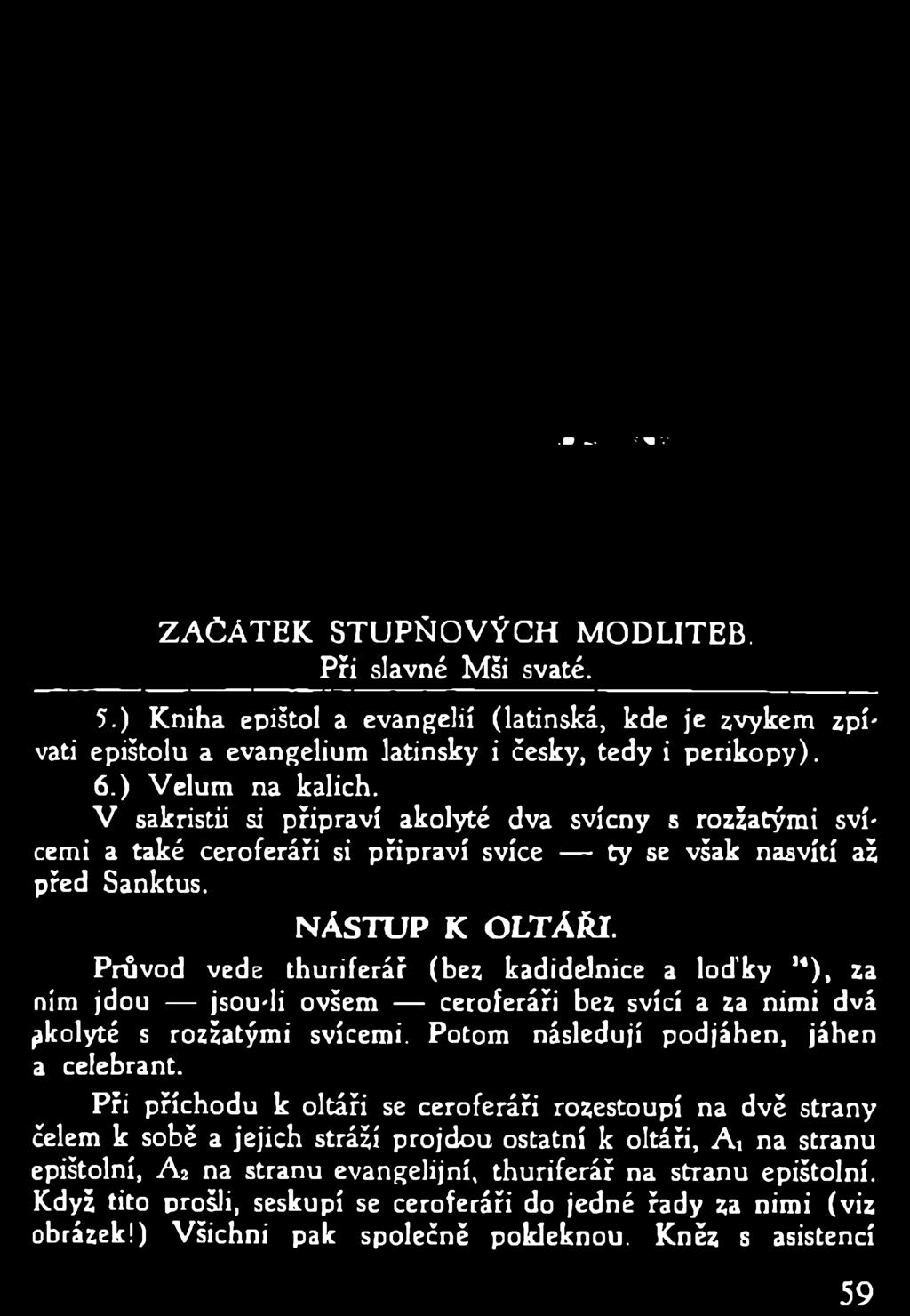 Průvod vede thuriferář (bez kadidelnice a loďky M), za ním jdou jsou-li ovšem ceroferáři bez svící a za nimi dvá akolyté s rozžatými svícemi.