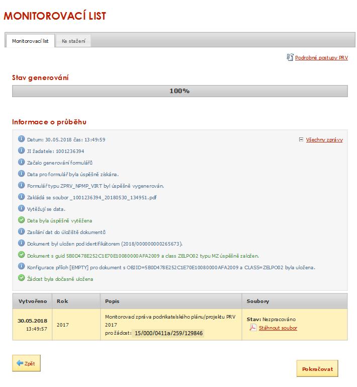 P rzkliknutí žlutéh rámečku s registračním číslem dtčené žádsti, bude vygenervána Mnitrvací zpráva pdnikatelskéh plánu/prjektu PRV pr zadanu žádst.