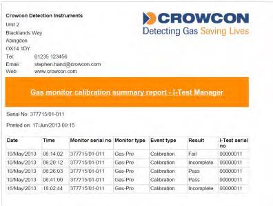 Kalibrace detektoru - Gas Monitor Calibration Report Tento protokol obsahuje konkrétní kalibraci provedenou na vybraném detektoru.