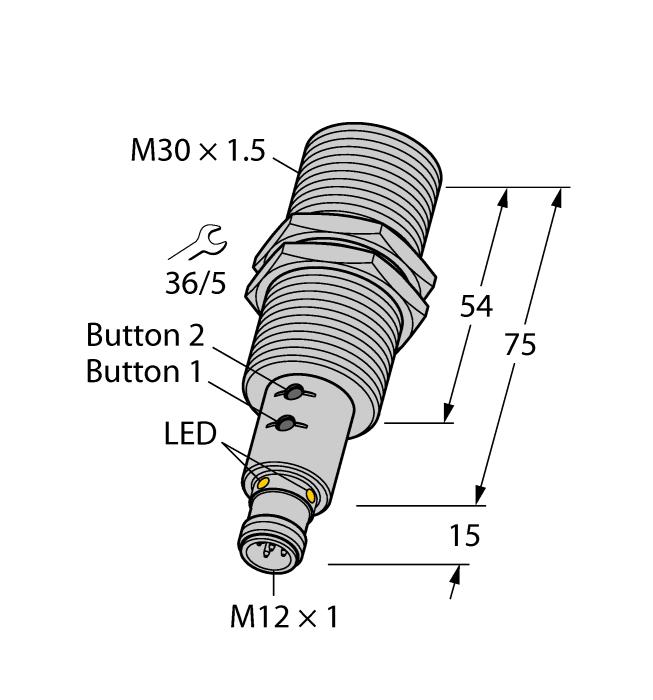 hladké čelo akustického měniče závitové pouzdro M30, zalité připojení konektorem M12x1 měřicí rozsah nastavitelný tlačítkem/ Easy-Teach teplotní kompenzace mrtvá zóna: 30 cm rozsah: 300 cm rozlišení: