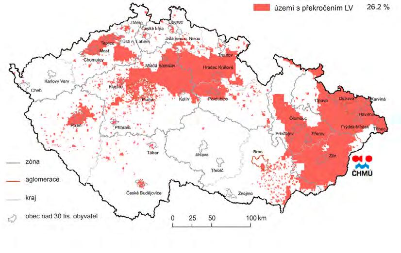 11. ŽIVOTNÍ PROSTŘEDÍ Mapa překročení imisního limitu (LV) pro ochranu zdraví v rámci zón/aglomerací, krajů a obcí s rozšířenou působností České republiky, % plochy územního celku, rok 2017 pro