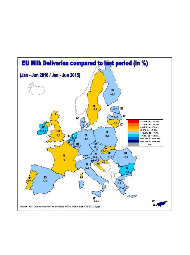 Dodávky syrového kravského mléka v EU 2016/2015