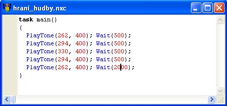 Pro tvorbu zajímavější hudby má NXC příkaz PlayTone(). Ten má dva argumenty. První udává frekvenci, druhý délku tónu (v ticích dlouhých 1/1000 sekundy podobně, jako v příkazu wait).